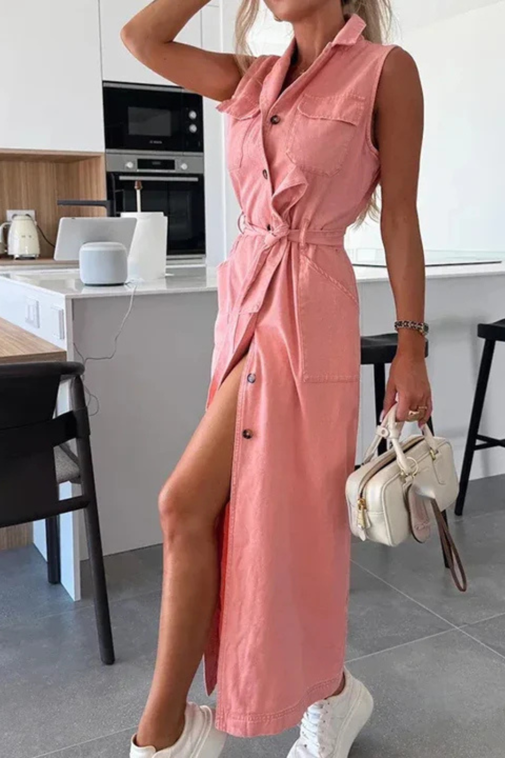 Women's Denim Maxi Dress | Stylish Sleeveless Summer Dress with Adjustable Waist Belt