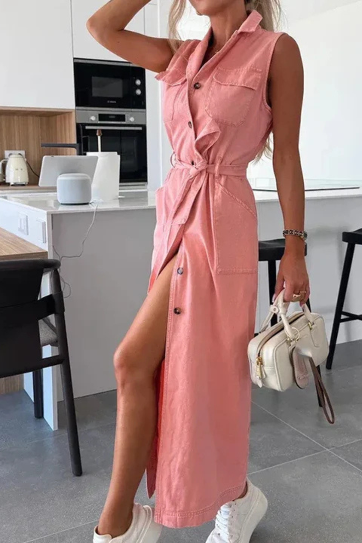 Women's Denim Maxi Dress | Stylish Sleeveless Summer Dress with Adjustable Waist Belt