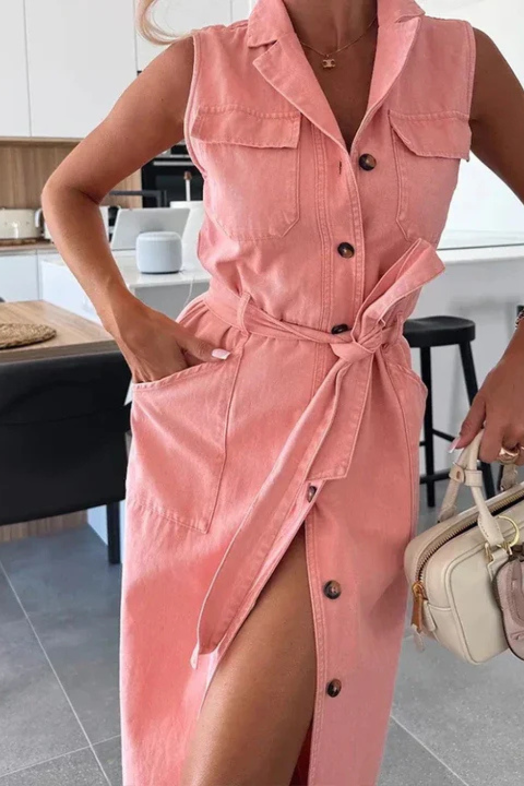 Women's Denim Maxi Dress | Stylish Sleeveless Summer Dress with Adjustable Waist Belt