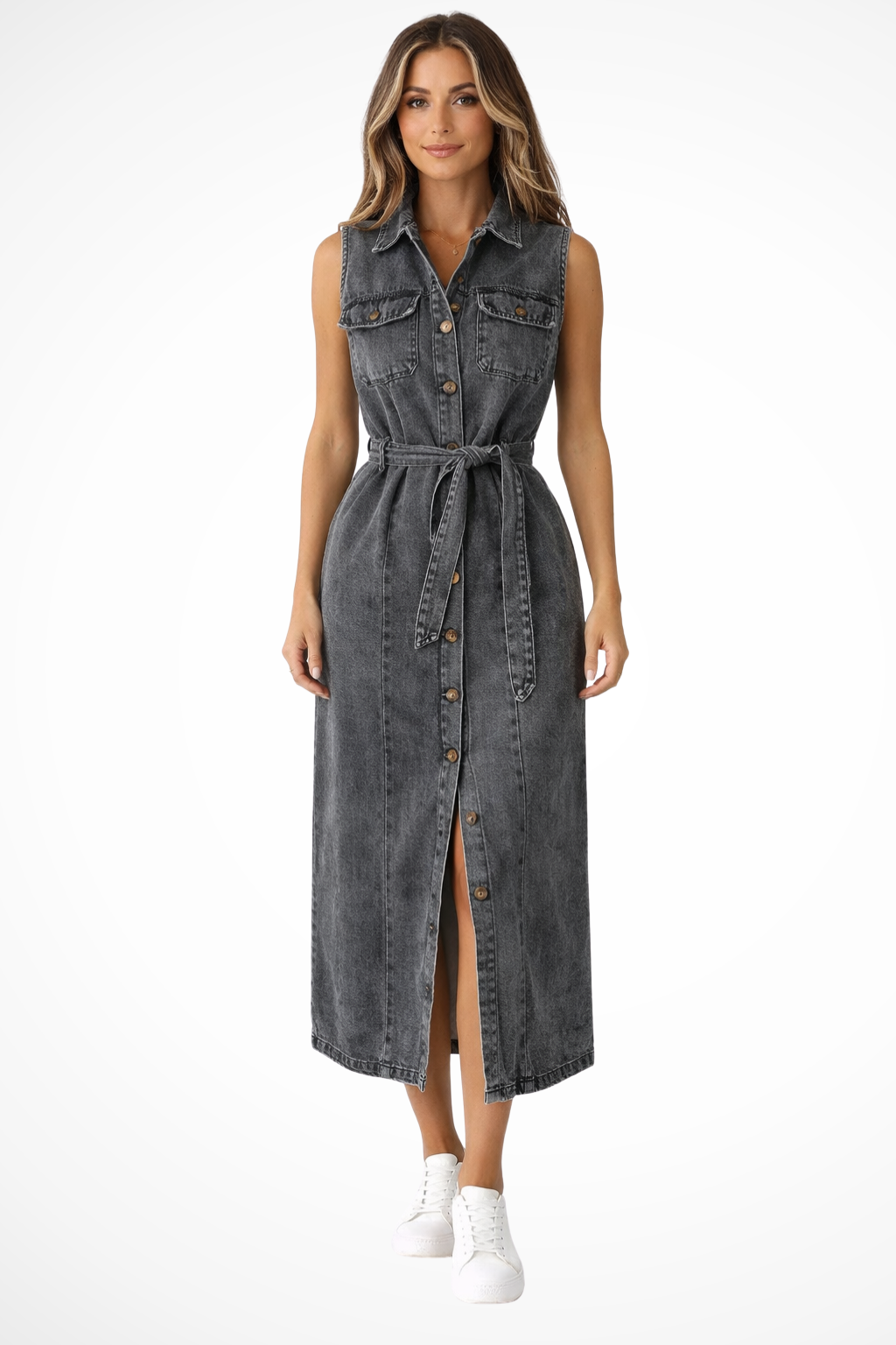 Women's Denim Maxi Dress | Stylish Sleeveless Summer Dress with Adjustable Waist Belt