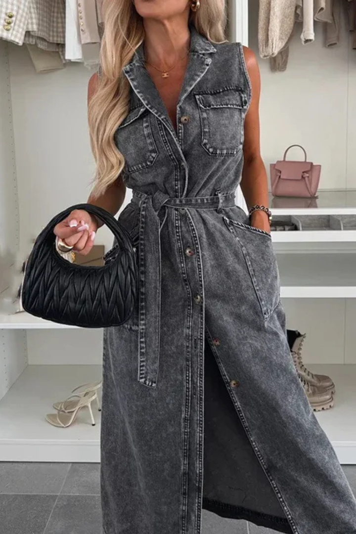 Women's Denim Maxi Dress | Stylish Sleeveless Summer Dress with Adjustable Waist Belt