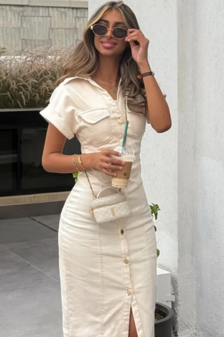 Women's Denim Midi Shirt Dress | Stylish Fitted Short Sleeve Summer Dress
