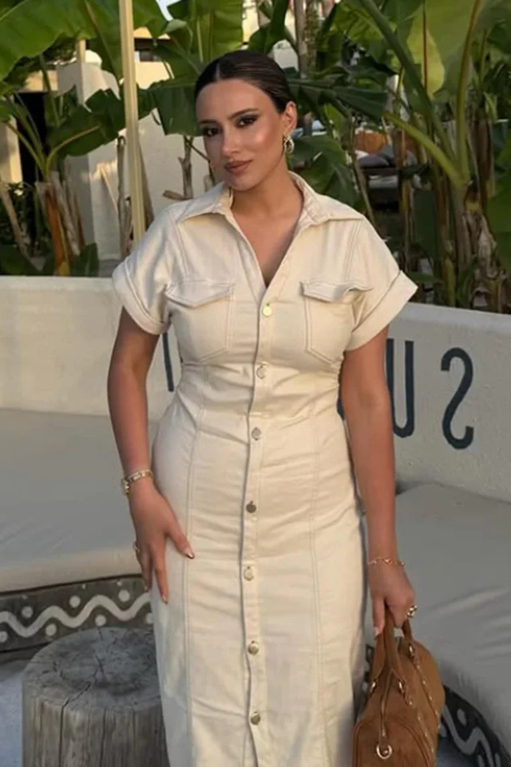 Women's Denim Midi Shirt Dress | Stylish Fitted Short Sleeve Summer Dress