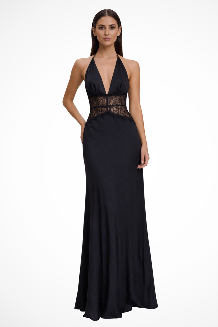 Women's Elegant Lace Maxi Dress | Sophisticated Halter Neck Backless Formal Gown