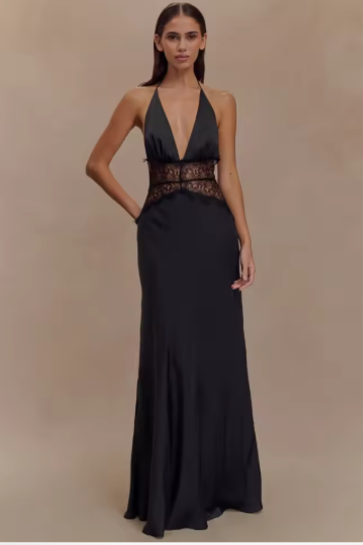 Women's Elegant Lace Maxi Dress | Sophisticated Halter Neck Backless Formal Gown