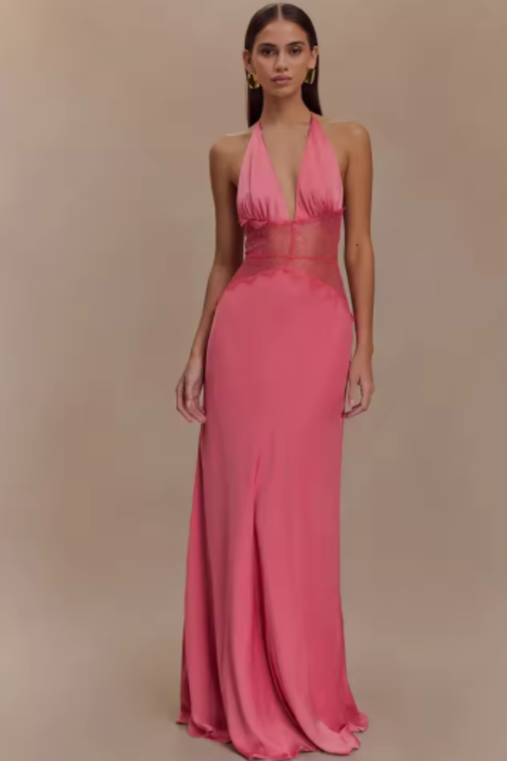 Women's Elegant Lace Maxi Dress | Sophisticated Halter Neck Backless Formal Gown