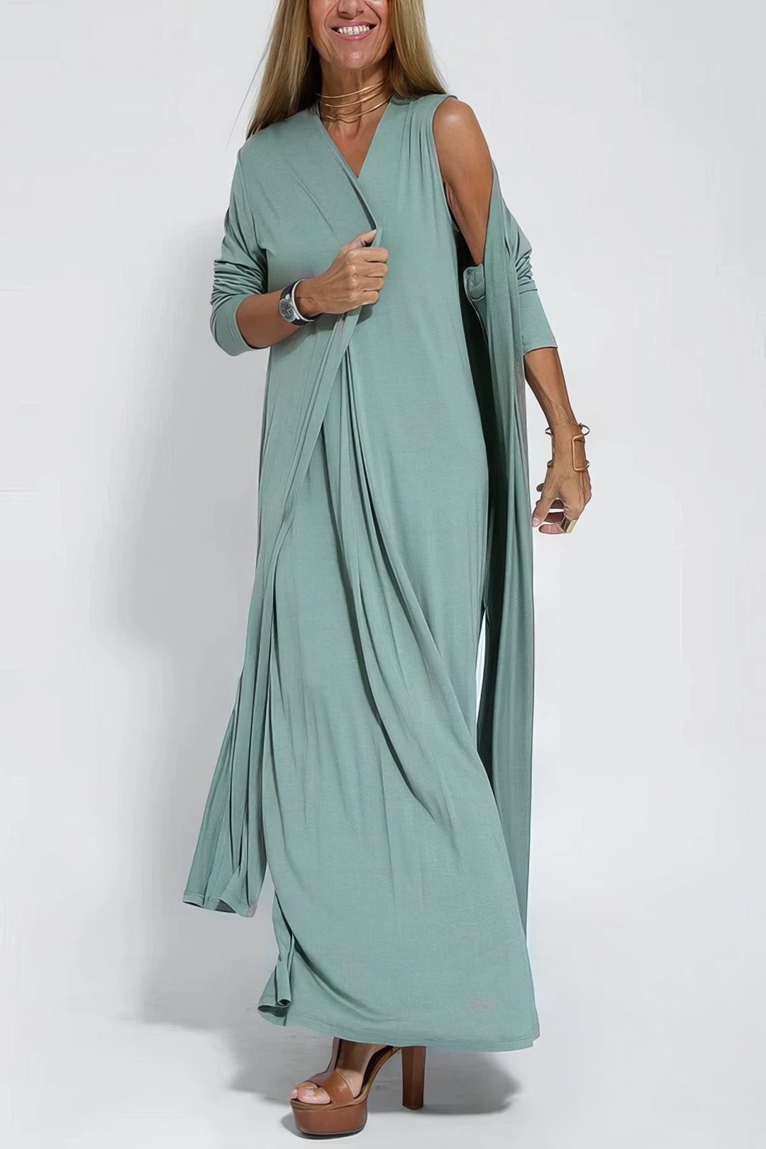 Women's Elegant Long Dress with Coordinated Cardigan for Versatile Occasions