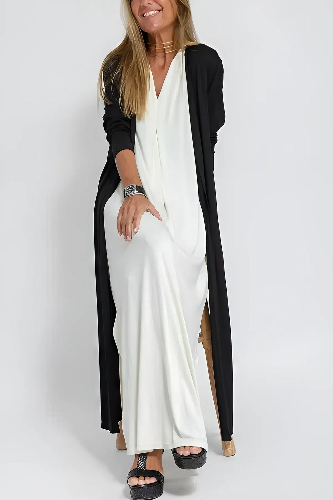 Women's Elegant Long Dress with Coordinated Cardigan for Versatile Occasions