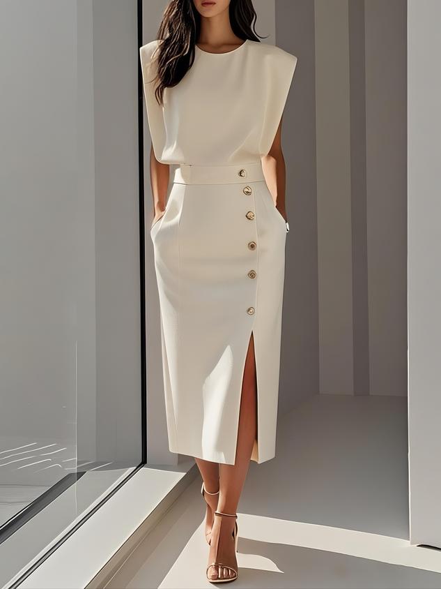 Women's Elegant Midi Dress | Flattering Round Neckline with Button Slit Detail 0