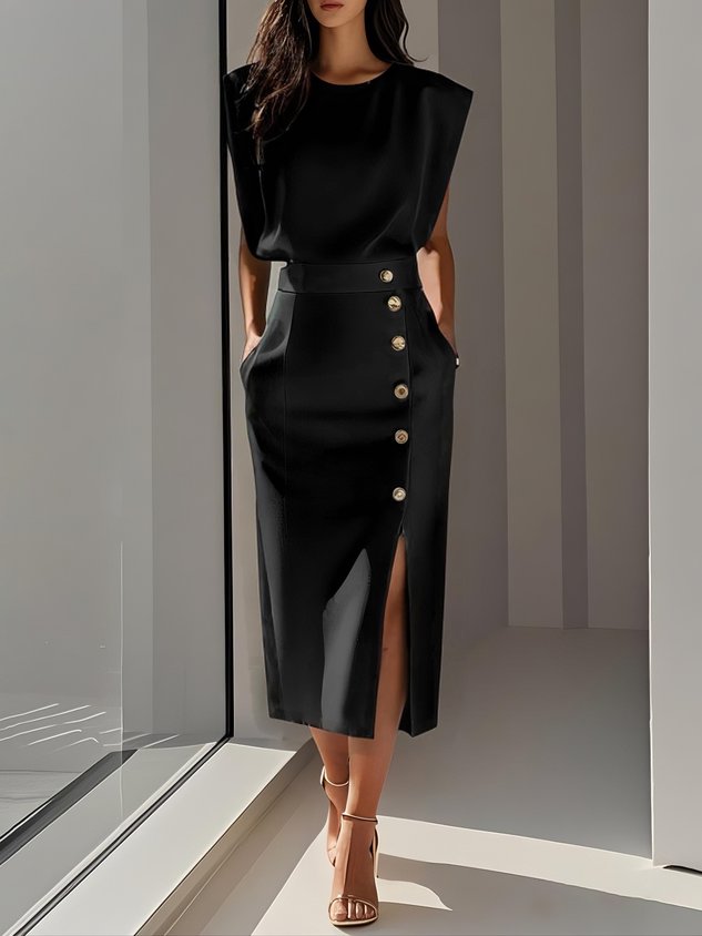 Women's Elegant Midi Dress | Flattering Round Neckline with Button Slit Detail 1