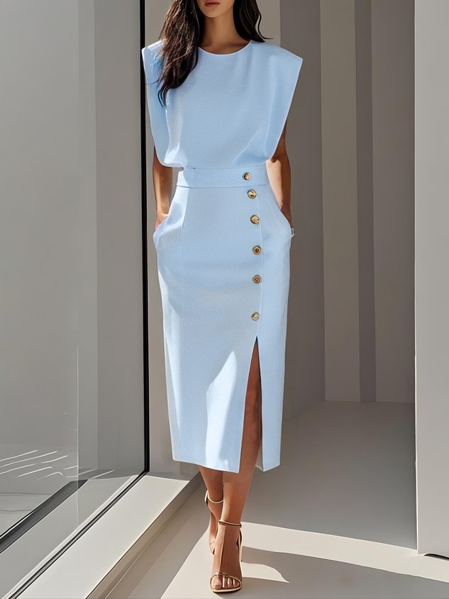 Women's Elegant Midi Dress | Flattering Round Neckline with Button Slit Detail 2