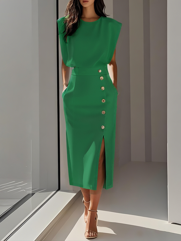 Women's Elegant Midi Dress | Flattering Round Neckline with Button Slit Detail 3