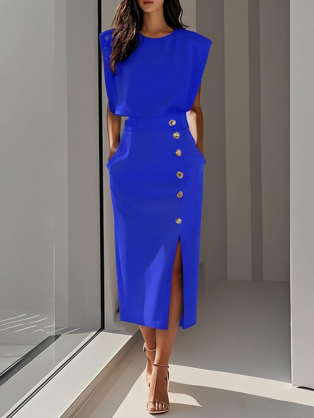 Women's Elegant Midi Dress | Flattering Round Neckline with Button Slit Detail 5