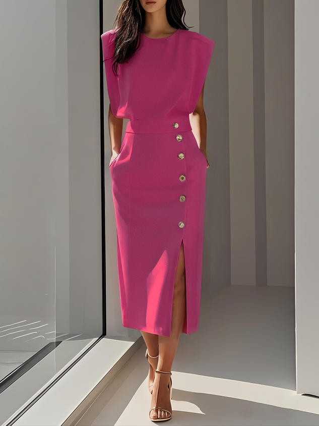 Women's Elegant Midi Dress | Flattering Round Neckline with Button Slit Detail 6