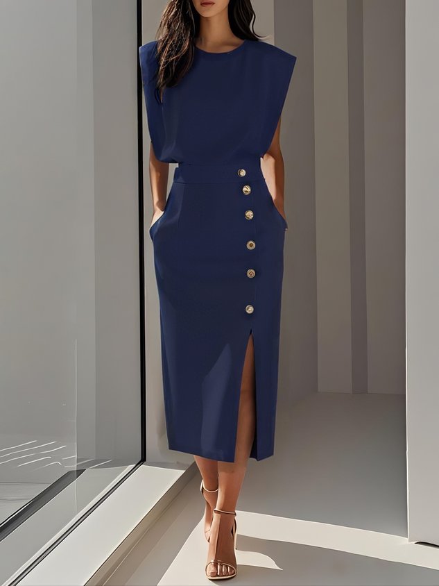 Women's Elegant Midi Dress | Flattering Round Neckline with Button Slit Detail 7