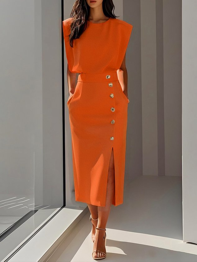 Women's Elegant Midi Dress | Flattering Round Neckline with Button Slit Detail 8