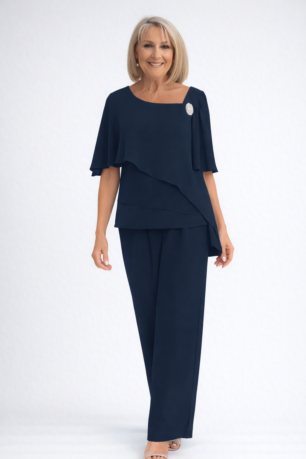 Women's Elegant Navy Two-Piece Overlay Set | Stylish Loose-Fit Top and Trousers for Formal Events 1