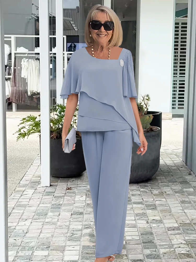 Women's Elegant Navy Two-Piece Overlay Set | Stylish Loose-Fit Top and Trousers for Formal Events 2