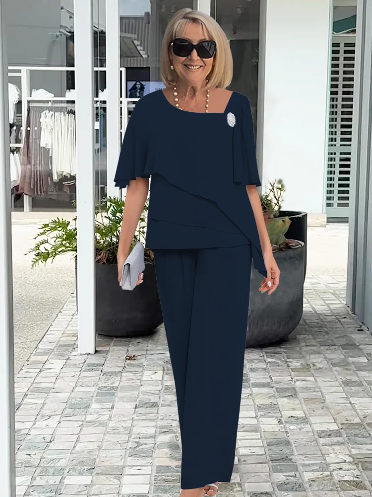 Women's Elegant Navy Two-Piece Overlay Set | Stylish Loose-Fit Top and Trousers for Formal Events 3