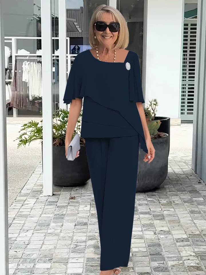Women's Elegant Navy Two-Piece Overlay Set | Stylish Loose-Fit Top and Trousers for Formal Events 3