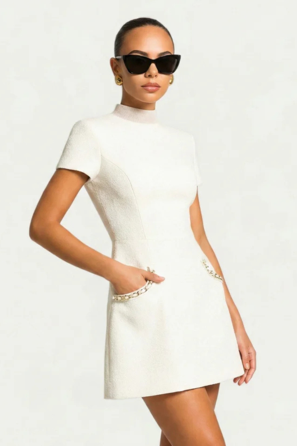Women's Elegant Pearl Trim Mini Dress | Chic Structured Summer Outfit 4