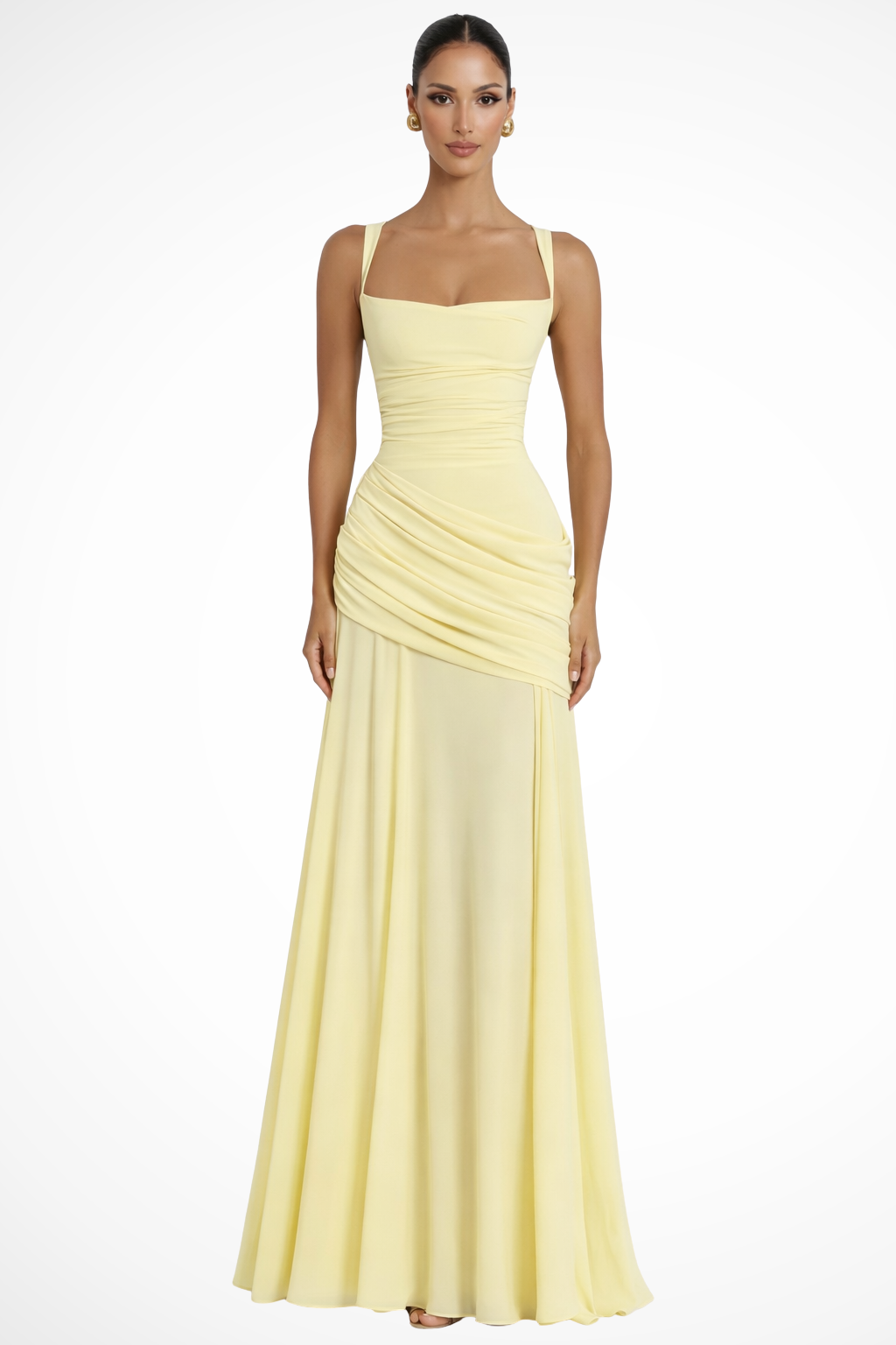 Women's Elegant Ruched A-Line Maxi Dress | Formal Evening Gown with Square Neckline