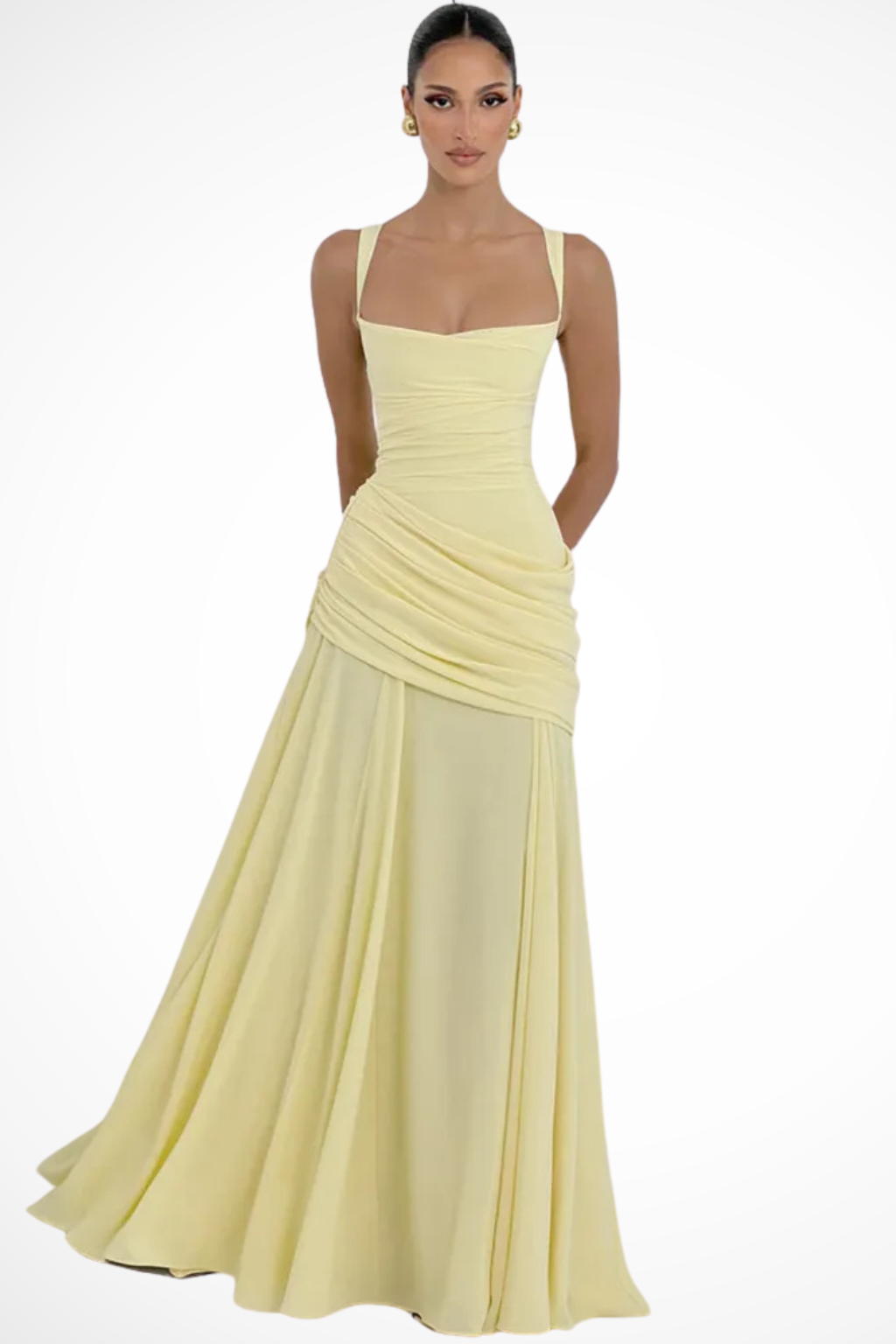 Women's Elegant Ruched A-Line Maxi Dress | Formal Evening Gown with Square Neckline