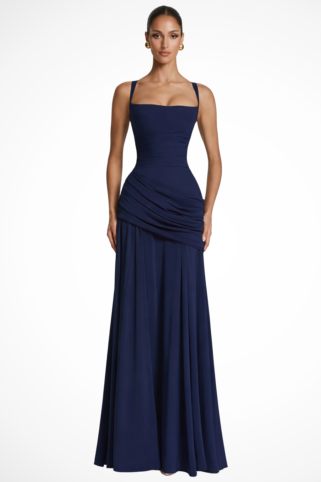 Women's Elegant Ruched A-Line Maxi Dress | Formal Evening Gown with Square Neckline