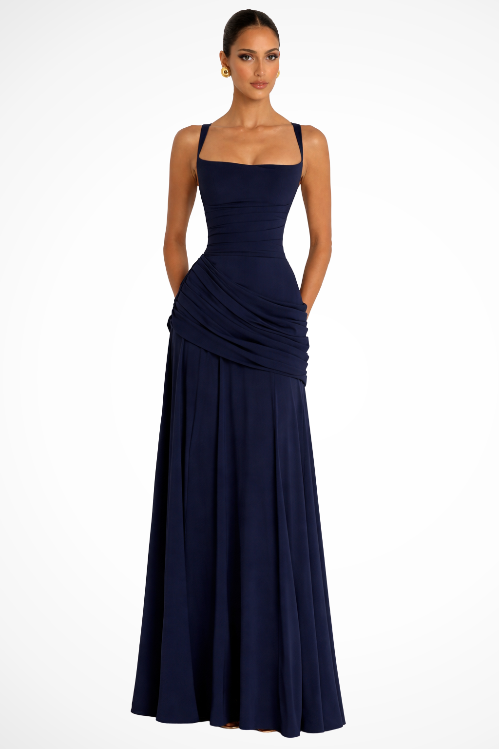 Women's Elegant Ruched A-Line Maxi Dress | Formal Evening Gown with Square Neckline