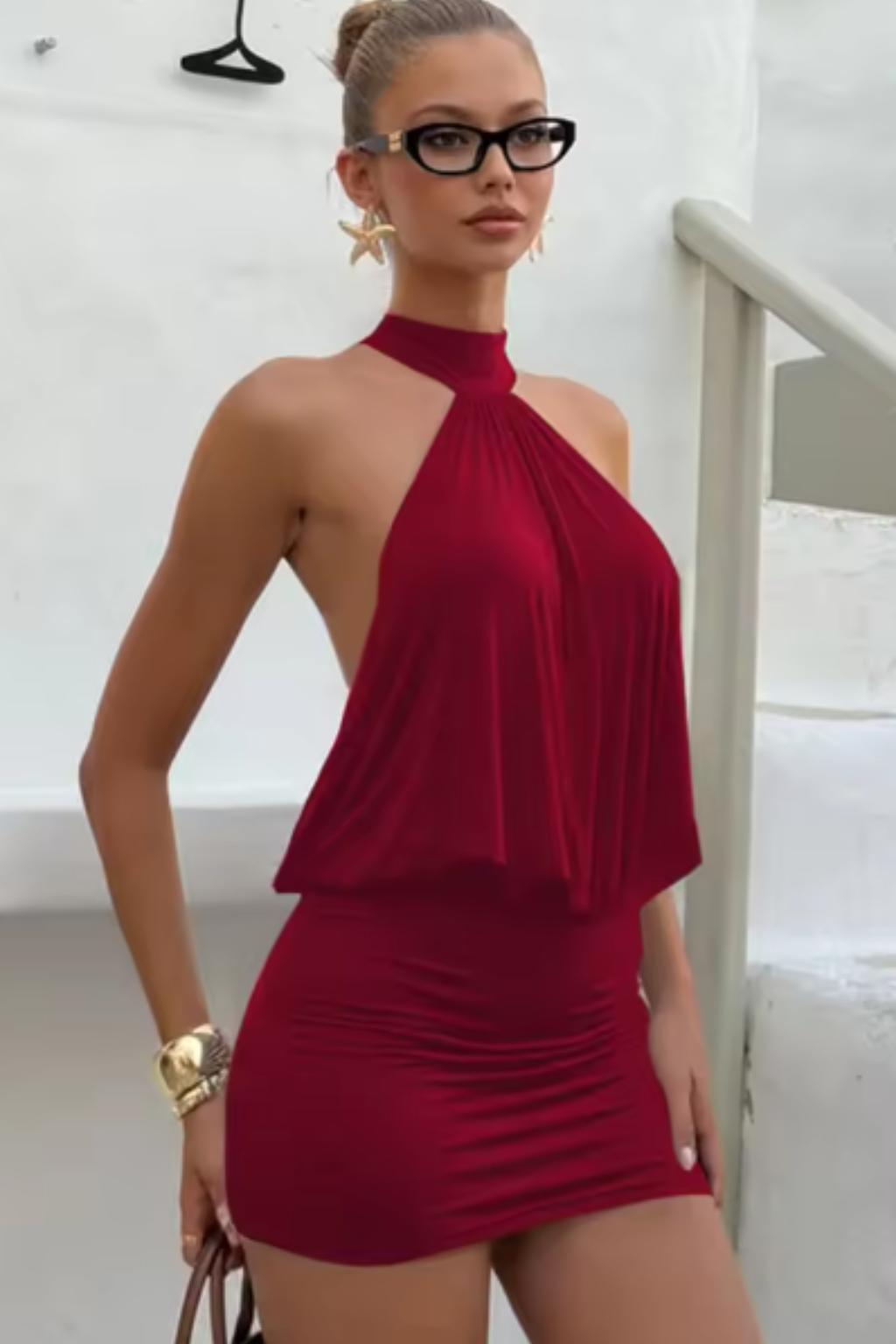 Women's Elegant Ruched Backless Mini Dress | Chic Halter Neck Cocktail Dress