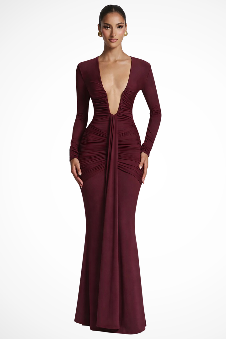 Women's Elegant Ruched Maxi Dress | Long Sleeve Deep V Neck Formal Gown