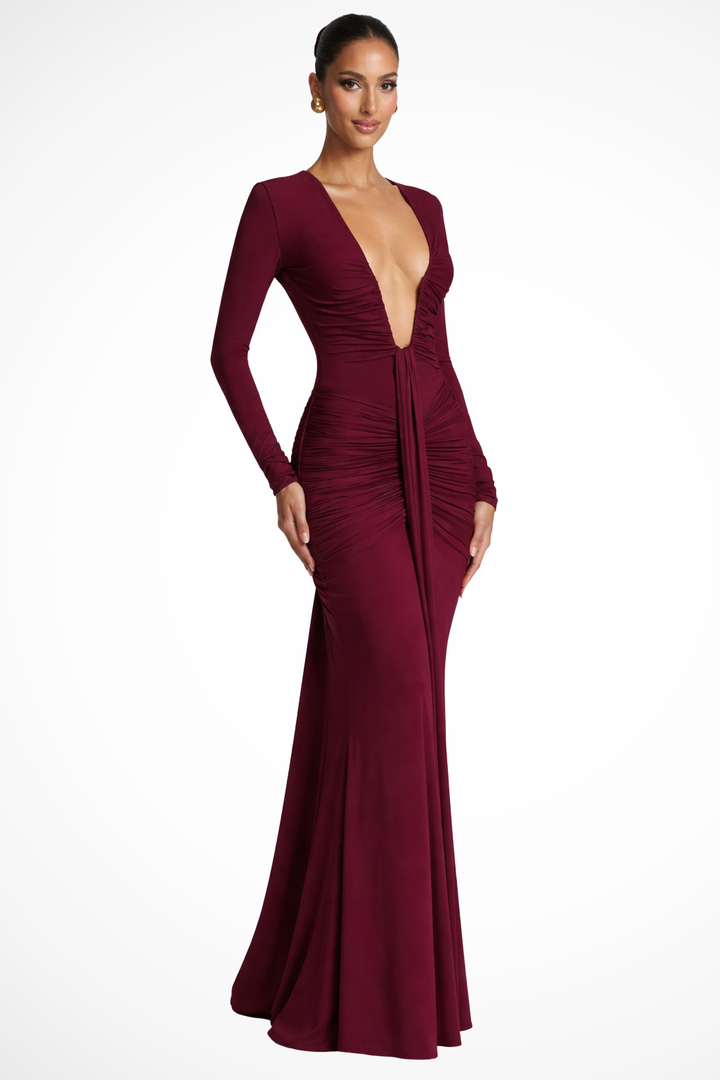 Women's Elegant Ruched Maxi Dress | Long Sleeve Deep V Neck Formal Gown