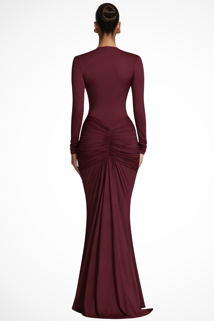 Women's Elegant Ruched Maxi Dress | Long Sleeve Deep V Neck Formal Gown