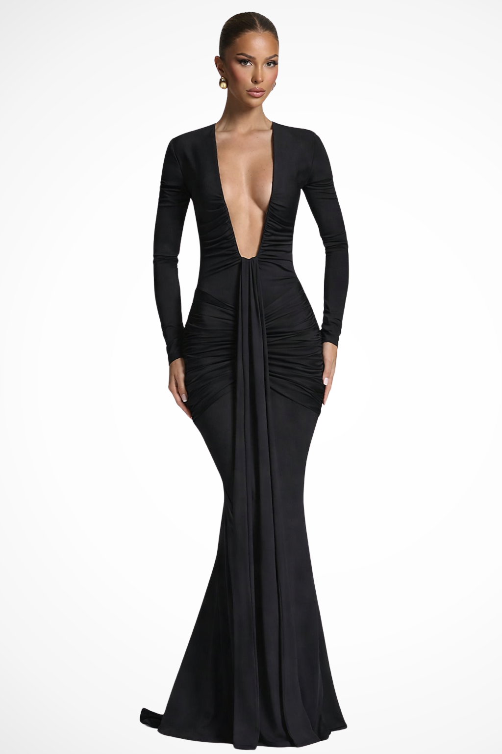 Women's Elegant Ruched Maxi Dress | Long Sleeve Deep V Neck Formal Gown