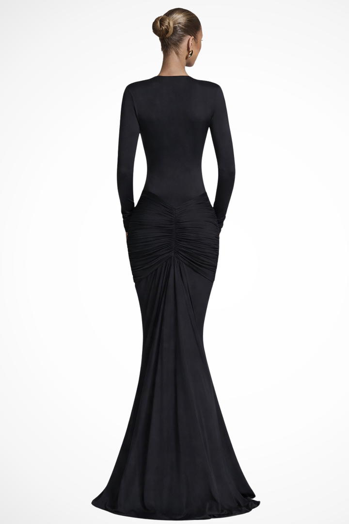 Women's Elegant Ruched Maxi Dress | Long Sleeve Deep V Neck Formal Gown