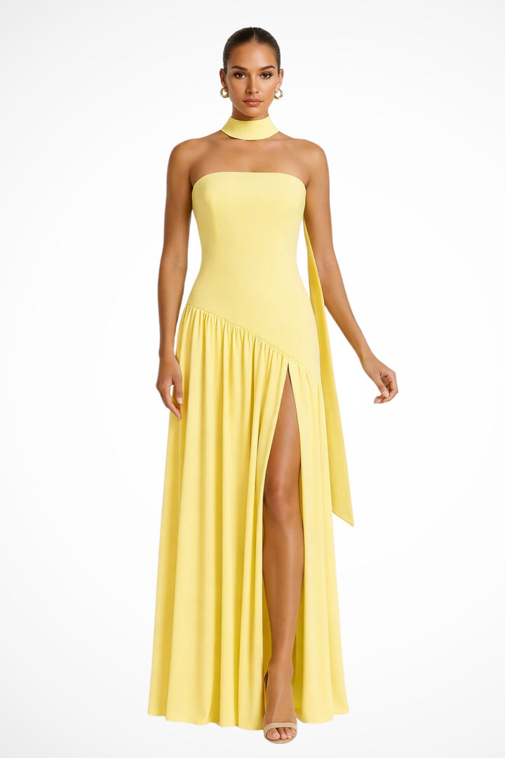 Women's Elegant Strapless Maxi Dress | Fitted Bodice with Side Slit for Formal Summer Occasions