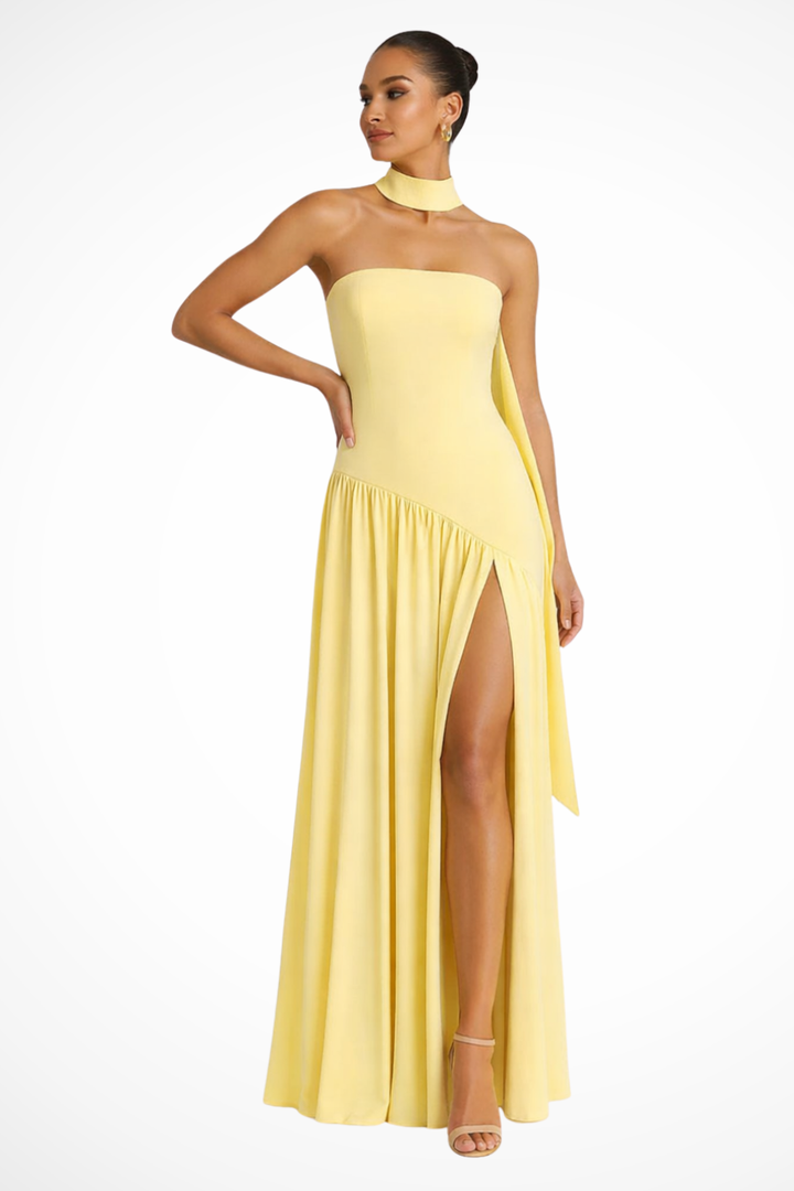 Women's Elegant Strapless Maxi Dress | Fitted Bodice with Side Slit for Formal Summer Occasions