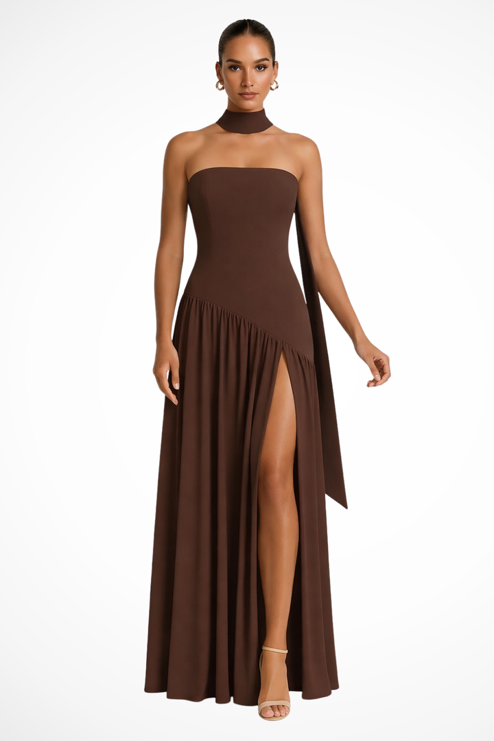 Women's Elegant Strapless Maxi Dress | Fitted Bodice with Side Slit for Formal Summer Occasions