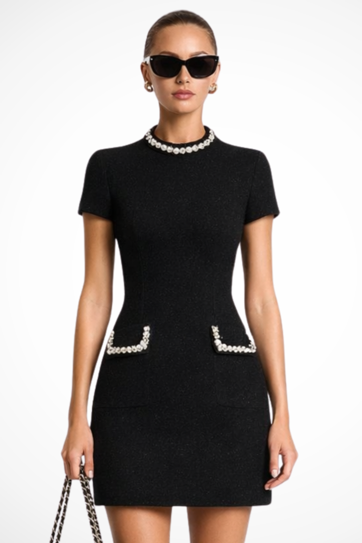 Women's Elegant Structured Mini Dress | Pearl-Trimmed Summer Dress with Pocket Detail
