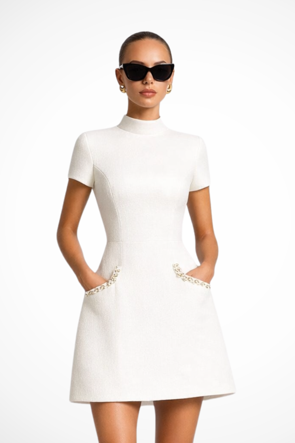 Women's Elegant Structured Mini Dress | Pearl-Trimmed Summer Dress with Pocket Detail