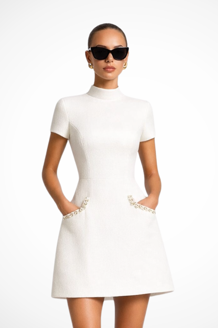Women's Elegant Structured Mini Dress | Pearl-Trimmed Summer Dress with Pocket Detail