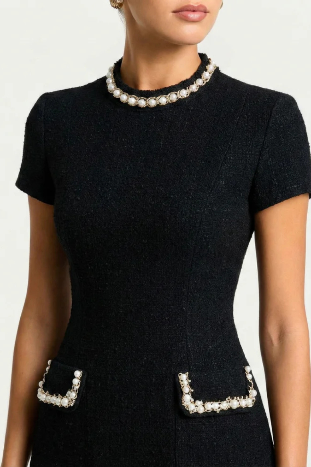 Women's Elegant Structured Mini Dress | Pearl-Trimmed Summer Dress with Pocket Detail