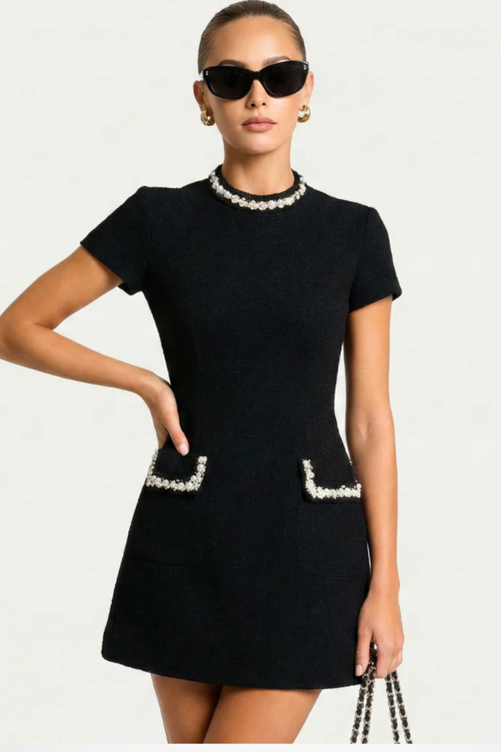 Women's Elegant Structured Mini Dress | Pearl-Trimmed Summer Dress with Pocket Detail