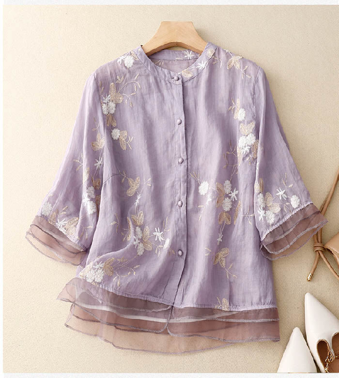 Women's Floral Embroidered Blouse in Relaxed Fit for Summer Casual and Evening Wear
