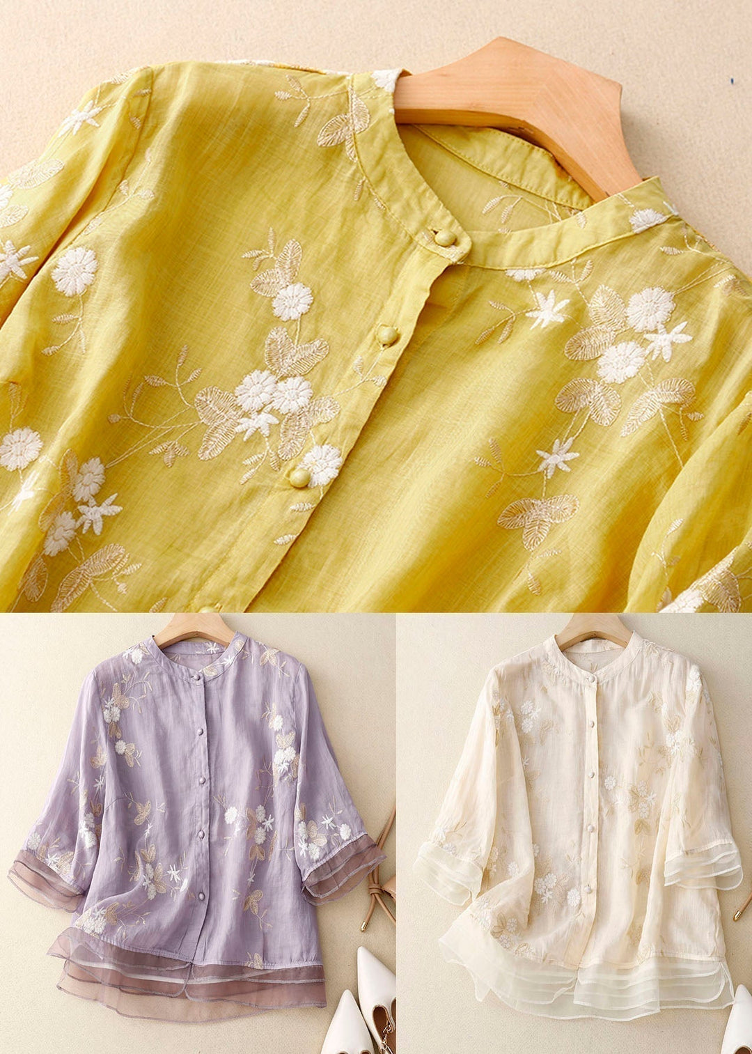 Women's Floral Embroidered Blouse in Relaxed Fit for Summer Casual and Evening Wear