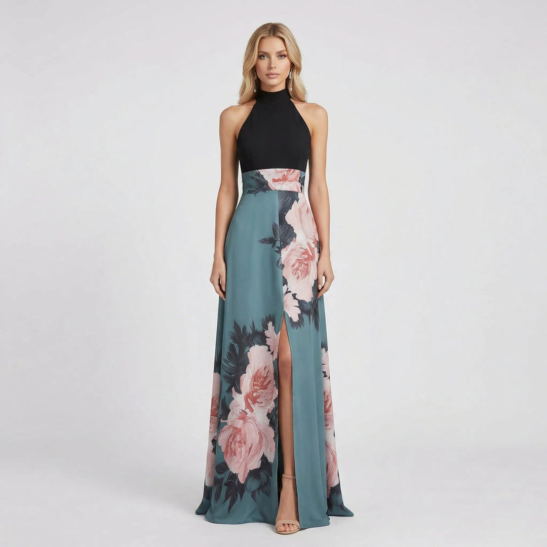Women's Floral Maxi Dress with Halter Neckline in Lightweight Fabric for Summer Events