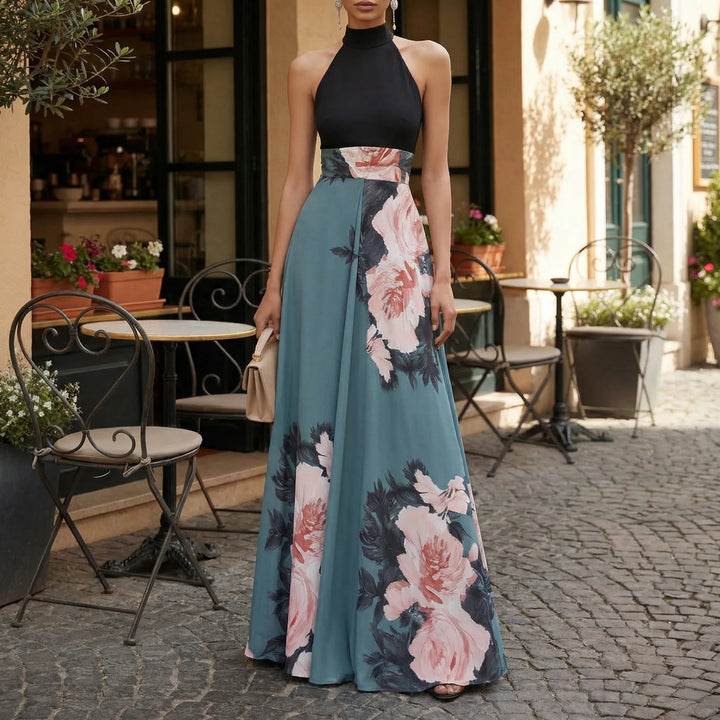 Women's Floral Maxi Dress with Halter Neckline in Lightweight Fabric for Summer Events