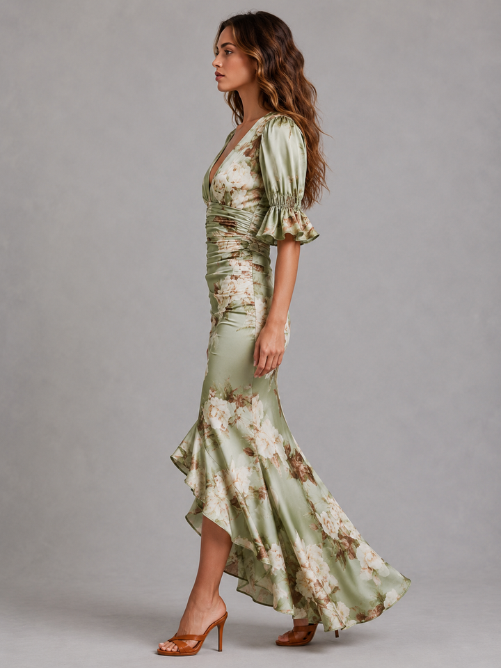 Women's Floral Maxi Dress with Ruched Waist and V-Neck for Summer Weddings