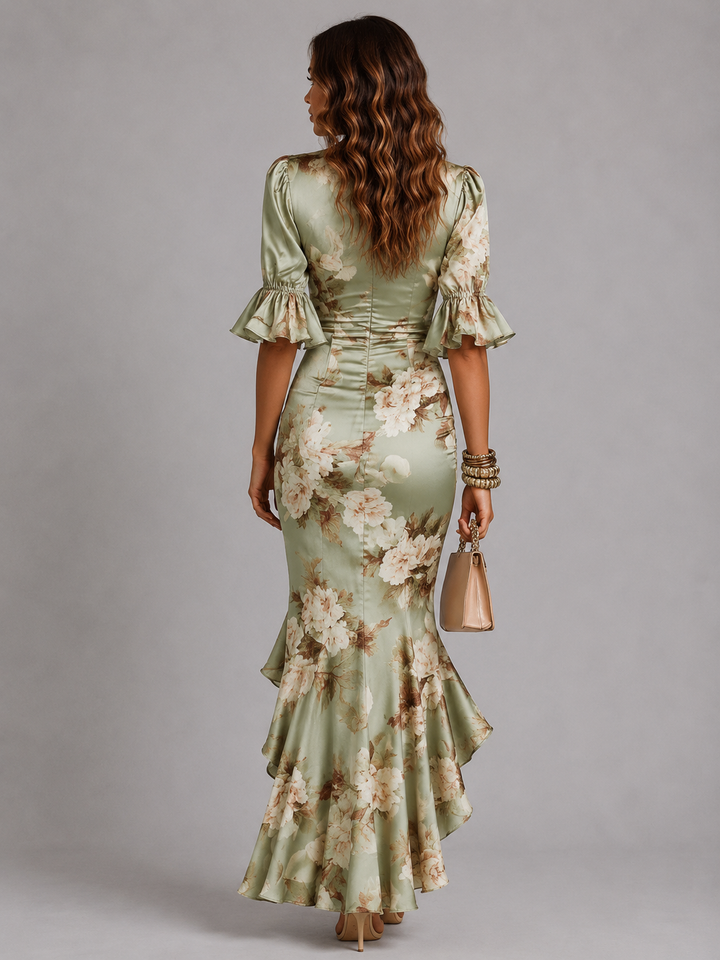 Women's Floral Maxi Dress with Ruched Waist and V-Neck for Summer Weddings