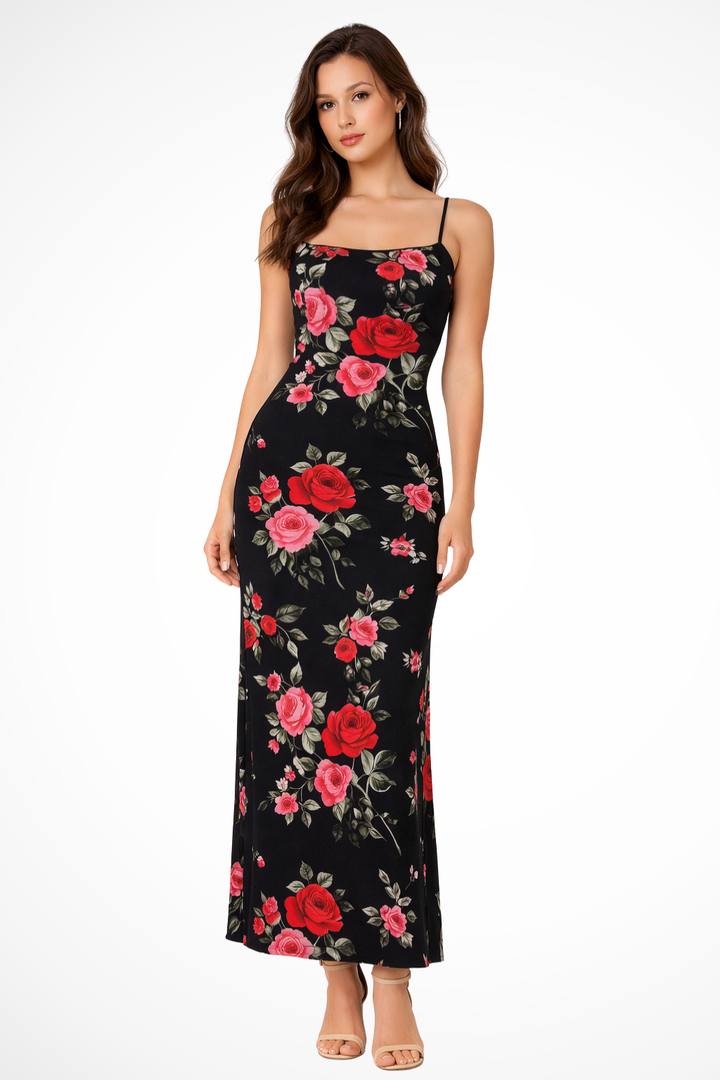 Women's Floral Maxi Dress with Spaghetti Straps in Black for Summer Weddings 1